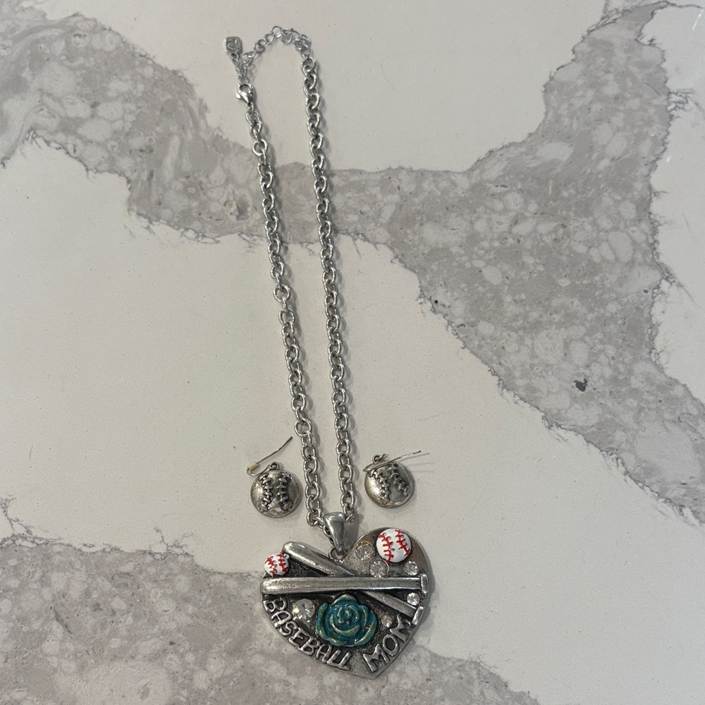 Silver Baseball Mom Necklace with Green Rose Accent